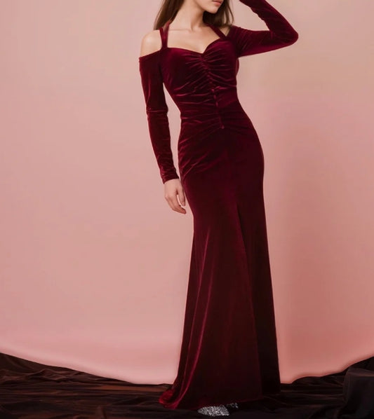 Off-the-shoulder Halter Long Sleeves sheath Prom Velvet Dress front slit
