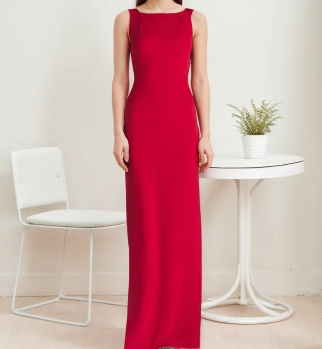 Modern bateau neckline hallowed back Stretchable satin prom dress