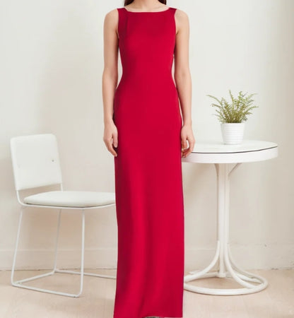Modern bateau neckline hallowed back Stretchable satin prom dress