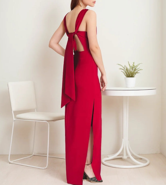 Modern bateau neckline hallowed back Stretchable satin prom dress