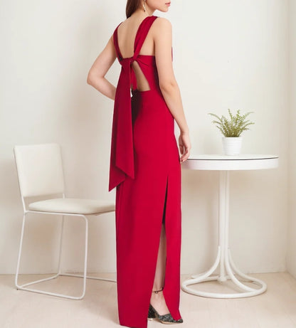 Modern bateau neckline hallowed back Stretchable satin prom dress