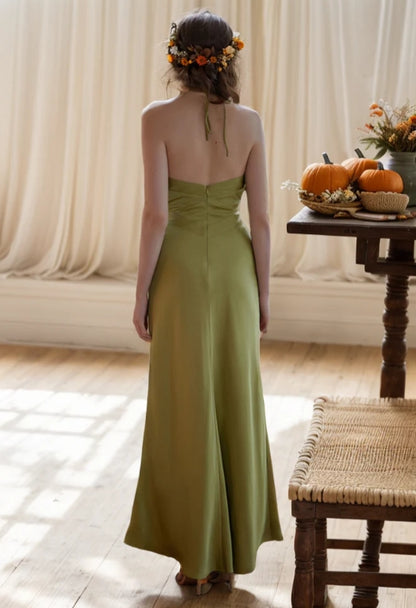 Goddess style strap haltered sheath silky satin prom dress