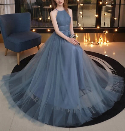 Goddess style strap haltered sheath silky satin prom dress