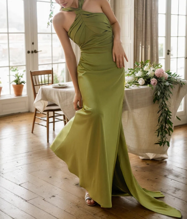 Greece goddess haltered sheath silky satin prom dress with long ribbon