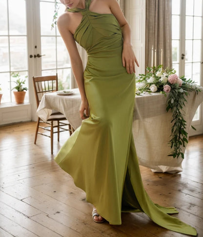 Greece goddess haltered sheath silky satin prom dress with long ribbon