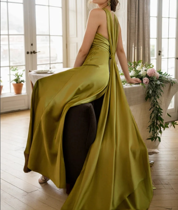 Greece goddess haltered sheath silky satin prom dress with long ribbon
