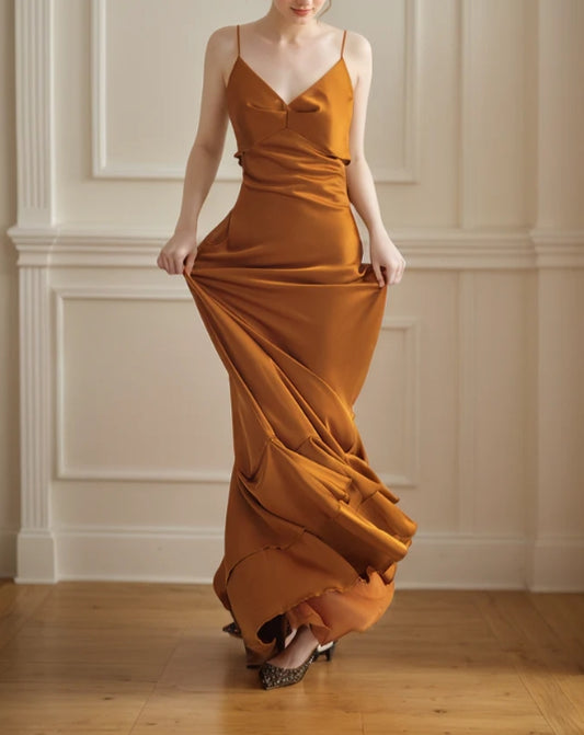 Vintage Deep V neck low back pencil skirt ruffled silky satin prom dress
