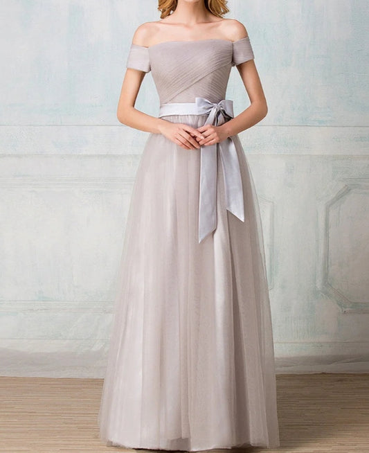 Off-shoulder floor-length tulle long prom dress
