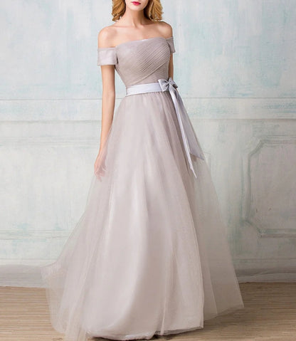 Off-shoulder floor-length tulle long prom dress