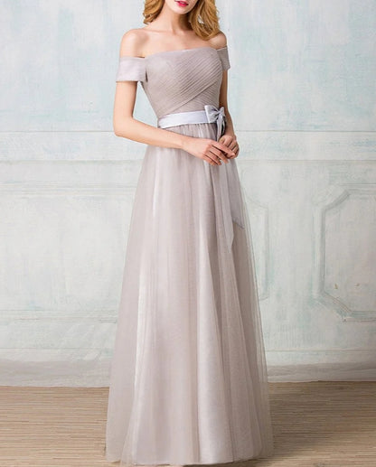 Off-shoulder floor-length tulle long prom dress