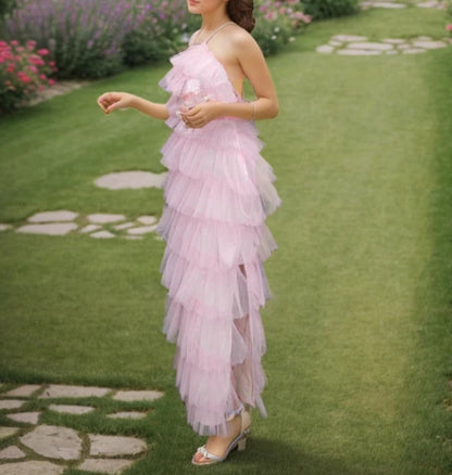 Haltered Sliding Ruffle Layered Hem fit and flare tutu ankle length tulle prom dress