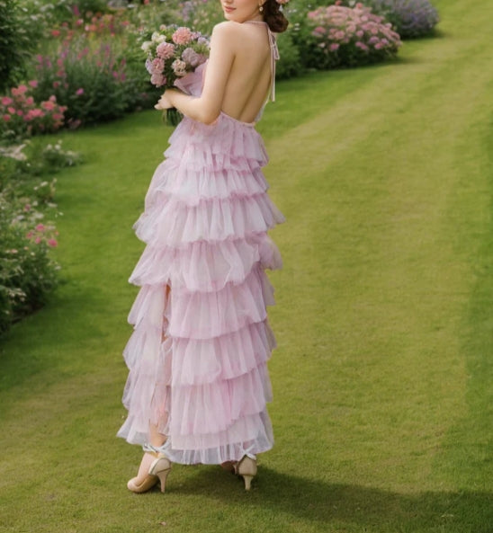 Haltered Sliding Ruffle Layered Hem fit and flare tutu ankle length tulle prom dress