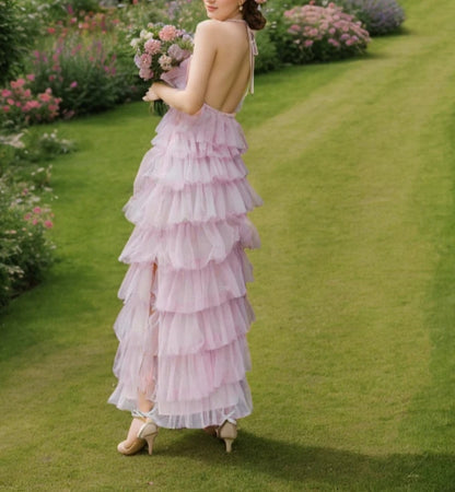 Haltered Sliding Ruffle Layered Hem fit and flare tutu ankle length tulle prom dress
