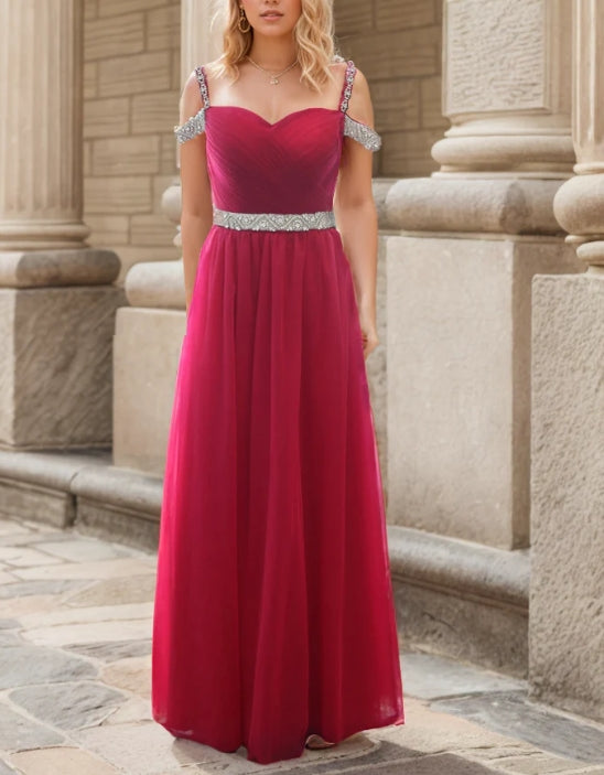 Off-shoulder Ruby Red Japanese A-line Soft Tulle Prom Dress