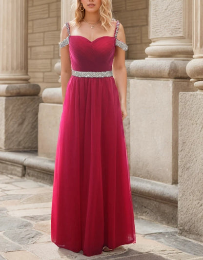 Off-shoulder Ruby Red Japanese A-line Soft Tulle Prom Dress