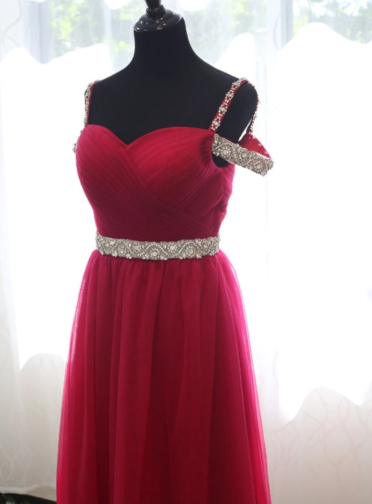 Off-shoulder Ruby Red Japanese A-line Soft Tulle Prom Dress