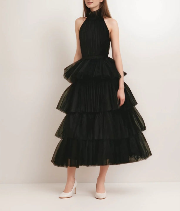 Ruffle Layered tulle Hem Haltered A-line tutu French style long prom dress