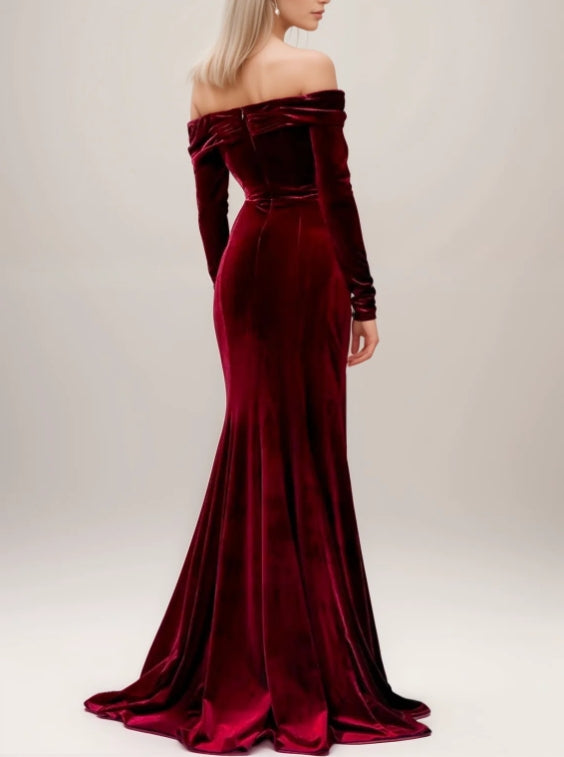Off-the-shoulder Ruched neckline Long Sleeves fit and flare Velvet Prom Dress