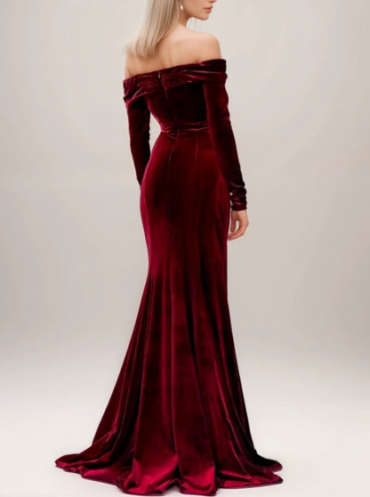 Off-the-shoulder Ruched neckline Long Sleeves fit and flare Velvet Prom Dress