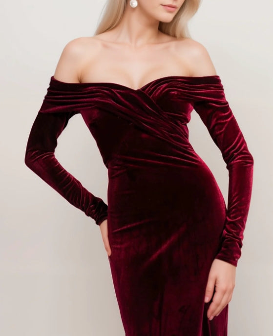 Off-the-shoulder Ruched neckline Long Sleeves fit and flare Velvet Prom Dress