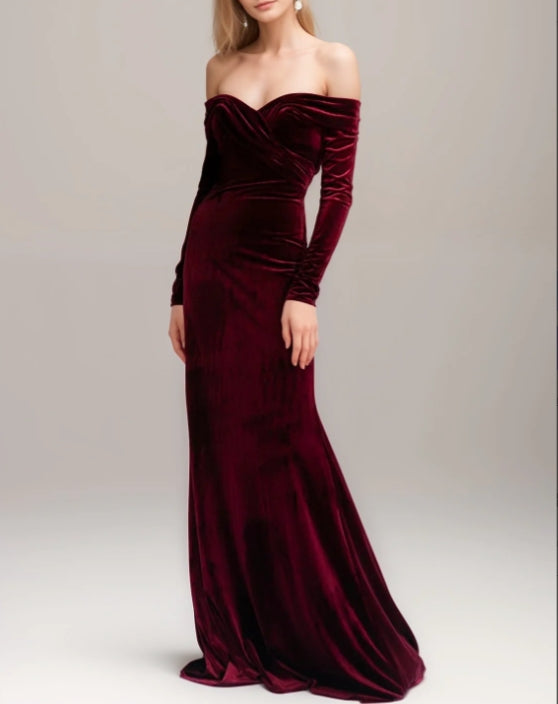 Off-the-shoulder Ruched neckline Long Sleeves fit and flare Velvet Prom Dress