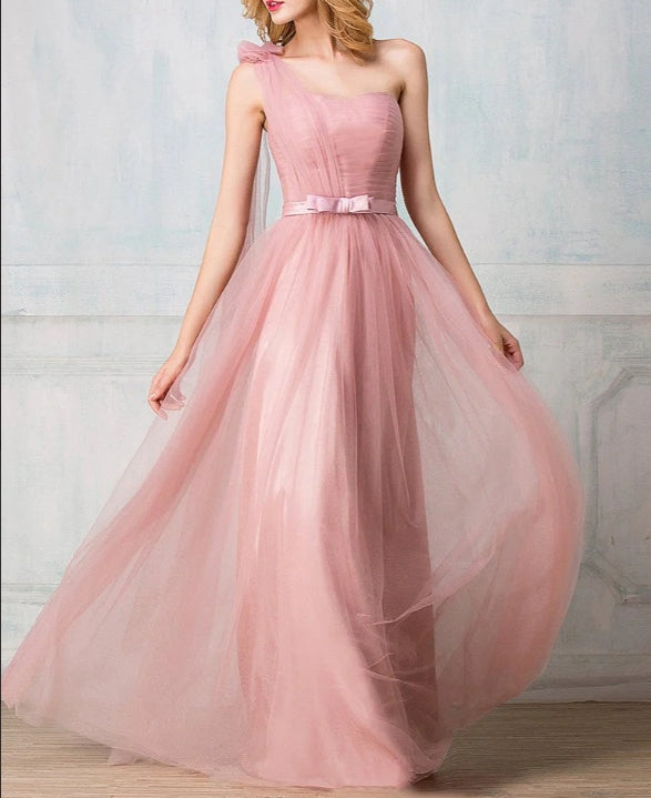 Sweetheart one-shoulder floor-length tulle long prom dress