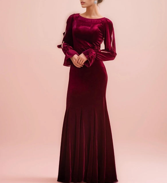 Ruffled open long Sleeves straight neckline hollow back sheath velvet prom dress