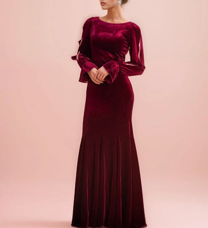 Ruffled open long Sleeves straight neckline hollow back sheath velvet prom dress