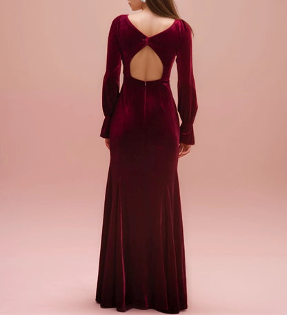 Ruffled open long Sleeves straight neckline hollow back sheath velvet prom dress
