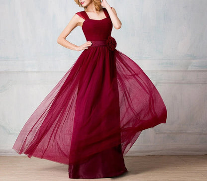 Sweetheart tulle-strap floor-length long prom dress