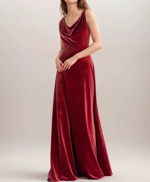 Unique Back Design Draping Neck Sleeveless A-line Velvet Prom Dress