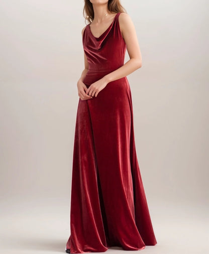 Unique Back Design Draping Neck Sleeveless A-line Velvet Prom Dress