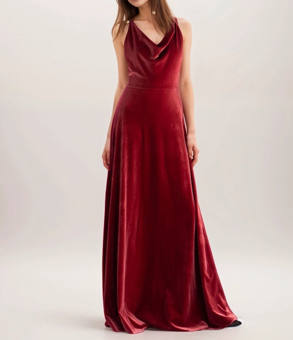 Unique Back Design Draping Neck Sleeveless A-line Velvet Prom Dress