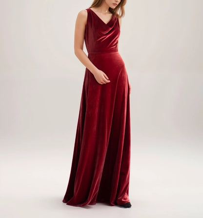 Unique Back Design Draping Neck Sleeveless A-line Velvet Prom Dress