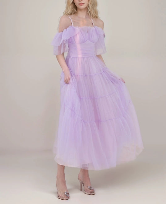 Beaded Spaghetti Straps Ruffled Sleeves Tea Length Tulle Prom Dress
