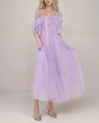 Beaded Spaghetti Straps Ruffled Sleeves Tea Length Tulle Prom Dress