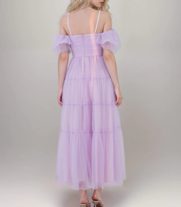 Beaded Spaghetti Straps Ruffled Sleeves Tea Length Tulle Prom Dress