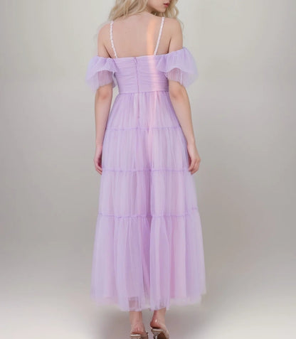 Beaded Spaghetti Straps Ruffled Sleeves Tea Length Tulle Prom Dress