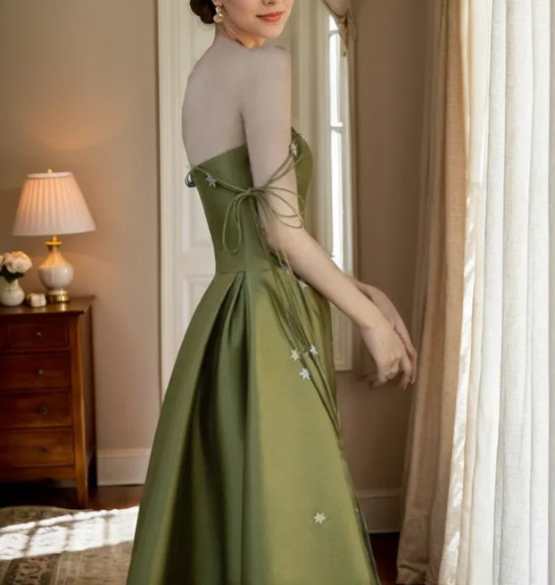 Spaghetti Straps 3d Floral Lace Princess Style Satin Long Prom Dress