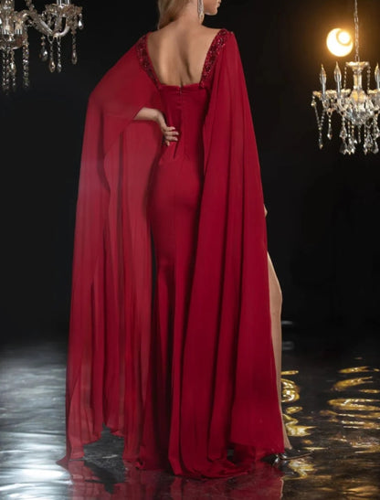 Red Sequin Evening Gown with Cape Sleeves and High Slit  Designer Sequin Dress and Pretty Sequin Dress