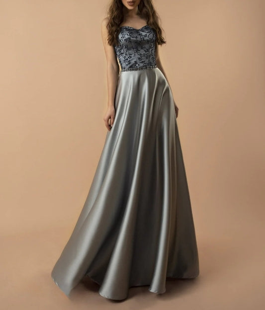 Elegant Embellished Grey and Blue V Neck Tulle Gown with Cinched Waist and Flowing Skirt  A Line Wedding Dress