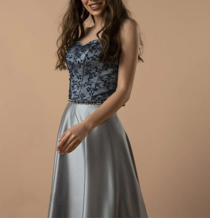 Elegant Embellished Grey and Blue V Neck Tulle Gown with Cinched Waist and Flowing Skirt  A Line Wedding Dress