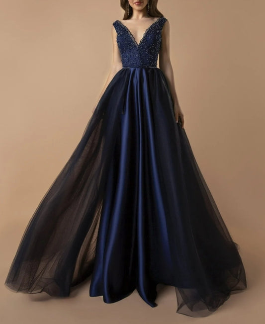 Navy Blue Beaded A Line Evening Gown with Plunging V-Neckline Ball Gown with Flowing Tulle