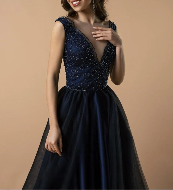 Navy Blue Beaded A Line Evening Gown with Plunging V-Neckline Ball Gown with Flowing Tulle