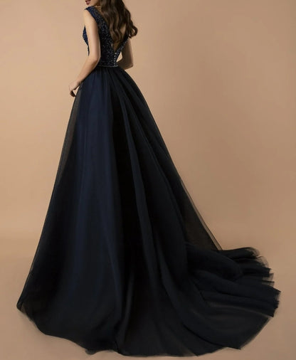 Navy Blue Beaded A Line Evening Gown with Plunging V-Neckline Ball Gown with Flowing Tulle
