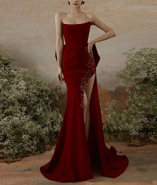 Gothic Burgundy Evening Gown  High-slit Burgundy Formal Evening Dresses