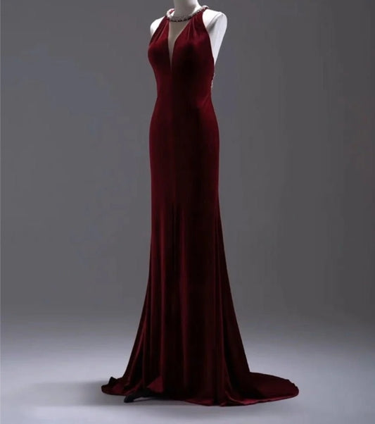 Burgundy Velvet Backless V-neck Mermaid Evening Gown With Crystal Chain Back