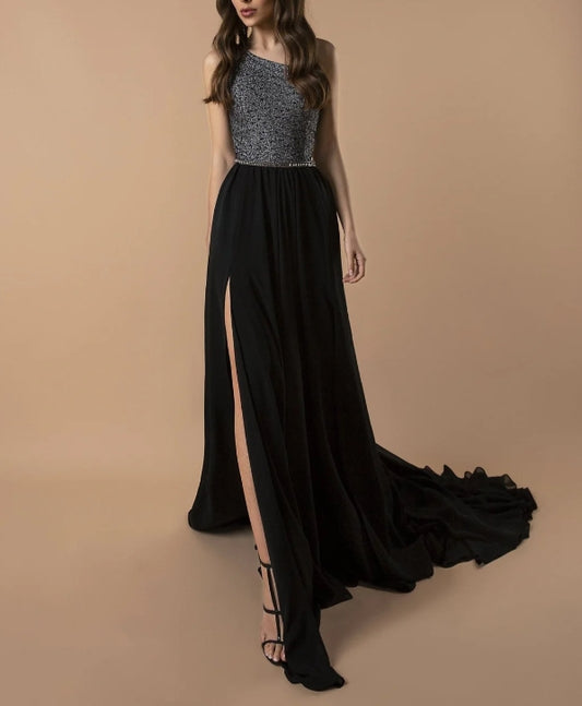 Elegant Gothic Black Evening Gown with Sequin Embellishment and High Slit  Black Formal Dresses