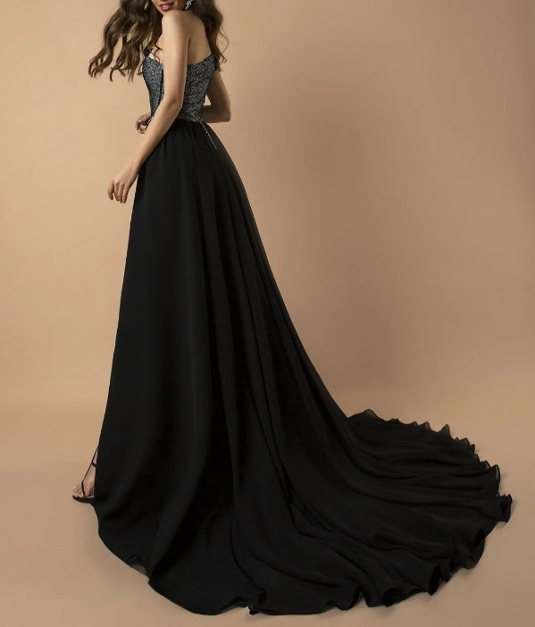 Elegant Gothic Black Evening Gown with Sequin Embellishment and High Slit  Black Formal Dresses