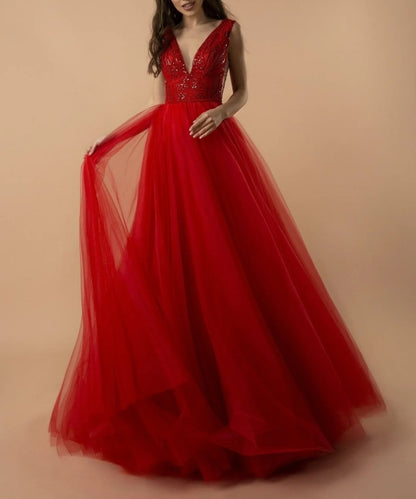 Radiant Red Tulle Evening Gown with Beaded Bodice and V-Neckline Flowy Dresses